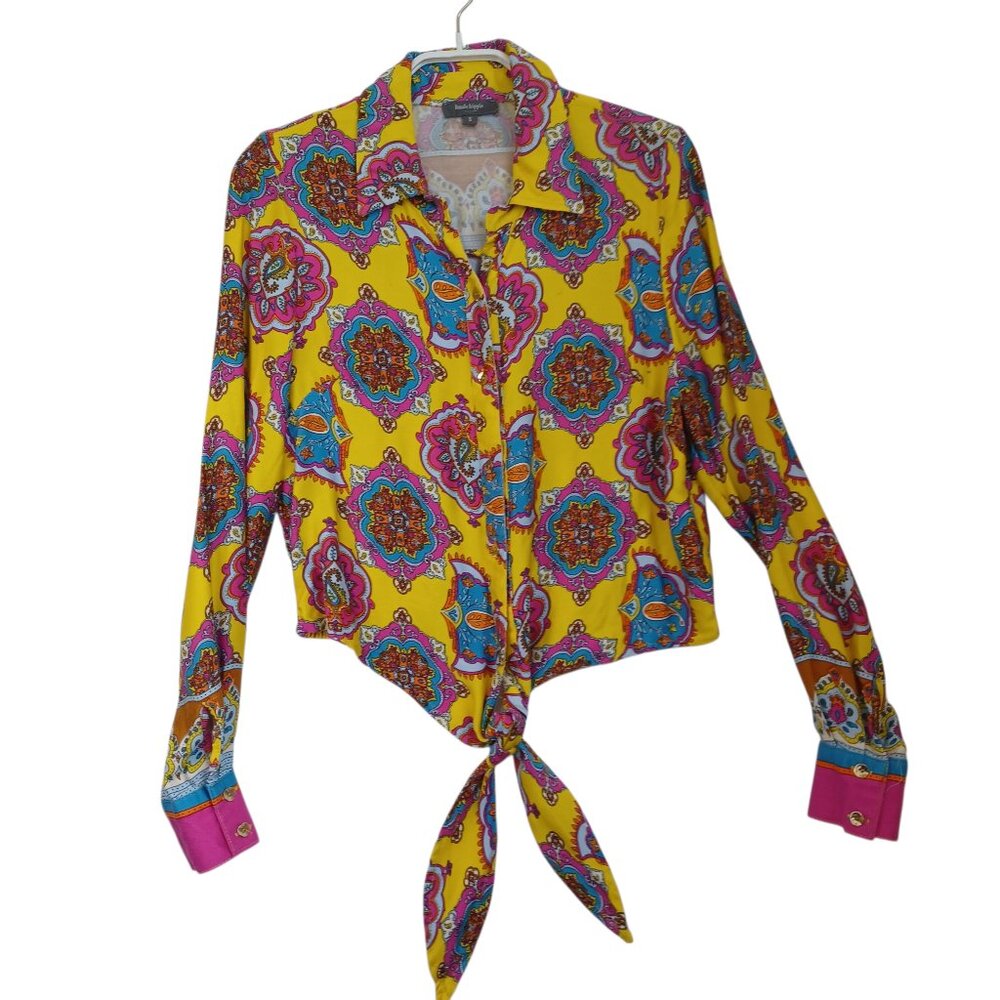 Haute Hippie Style‎ Yellow Paisley Tie Front Button Up Blouse Womens Sm Long Slv